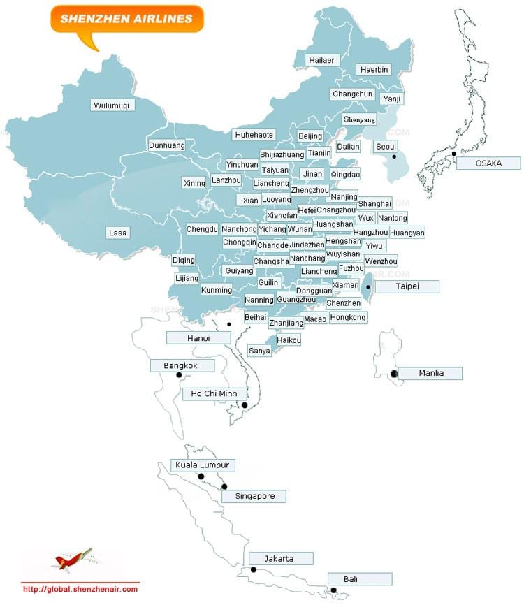 χάρτης της Shenzhen airlines διαδρομή